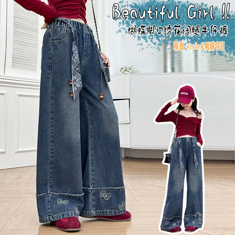 الفتيات أزياء الجينز ربيع الخريف نمط جديد المراهقين الأطفال المألوف مكبل فراشة التطريز واسعة الساق الدنيم السراويل #3