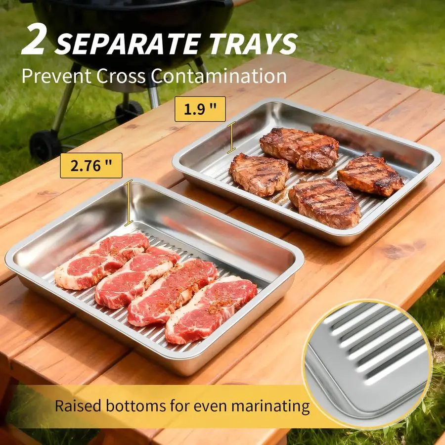 Prep and Serve Trays, Stainless Steel Large Capacity Food Prep Tray, Grill Carry System, Marinade Container with Lid and Cutting