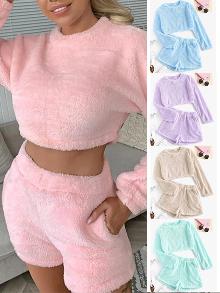 Casual Pink Ladies Comfort Home Wear Plush Suit Round Neck Full Sleeve Sweatshirts Crop Top+Shorts Tracksuit 2 Pcs Women Clothes