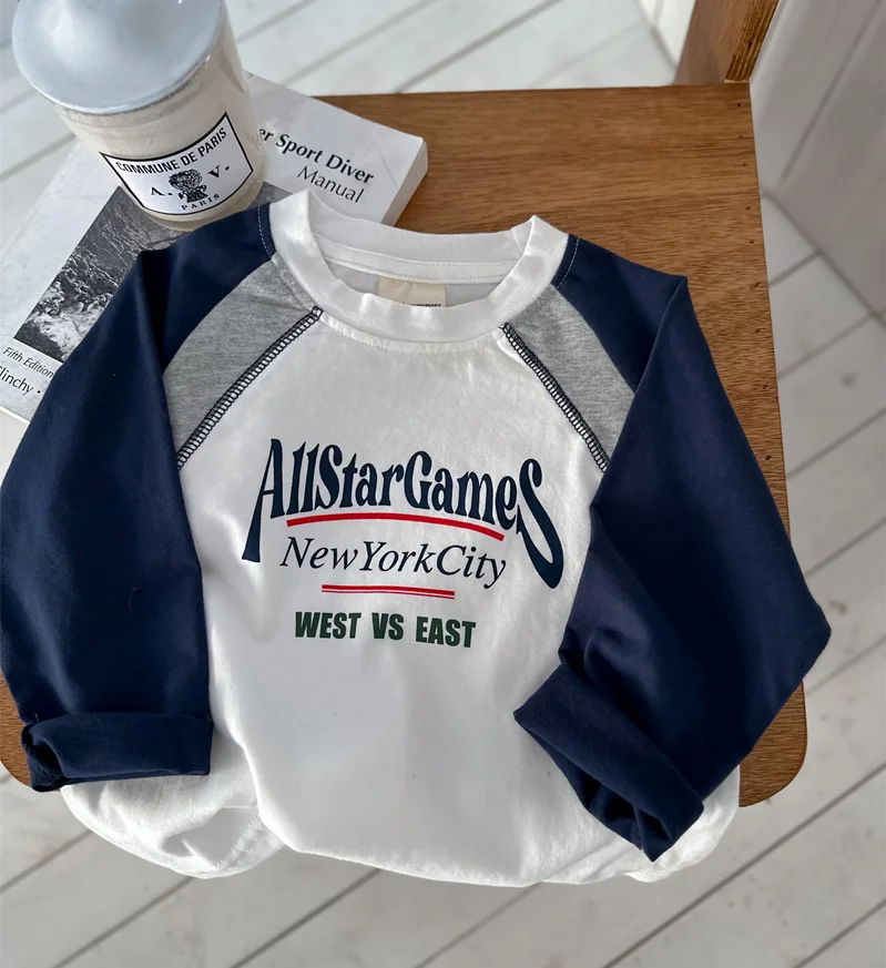 Spring Children's 2025 New Splicing Color Insertion Cotton Long Sleeve Handsome Boys' T-shirt American Loose Top Trendy