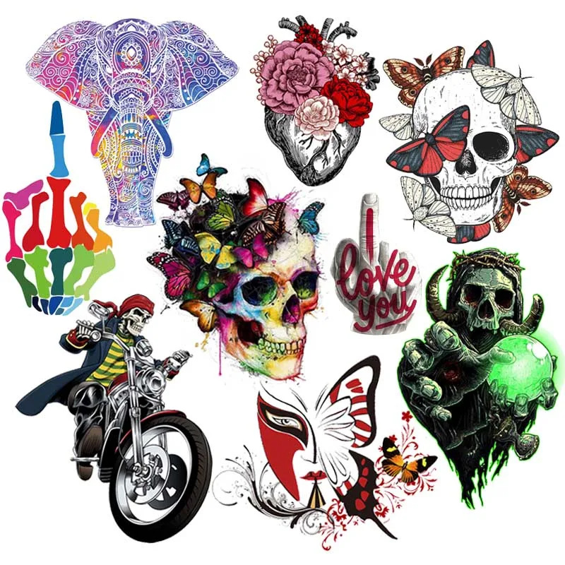 Prajna Punk Skull Iron-On Transfers Grim Reaper Heat Transferfers PVC Patches For Clothes Thermal Transfers Hot Vinyl Iron Stickers