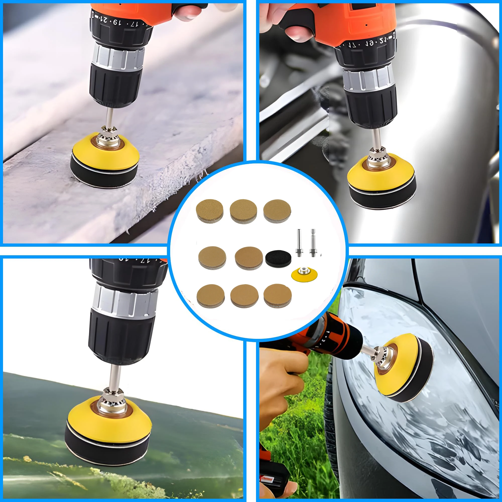 Amplas Hook and Loop Kuning 2 Inci, Berbagai Ukuran Grit 60-800, 160/164 Pcs dengan Bantalan Penyangga untuk Pemolesan dan Pengamplasan