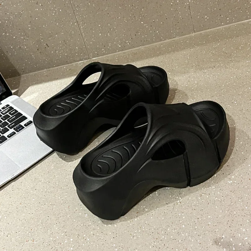 スリッパ女性黒セクシーなプラットフォームチャンキーラウンドパンプス黒スリッパハイヒールの靴女性ヒールつま先スリッパ Zapatos De Mujer