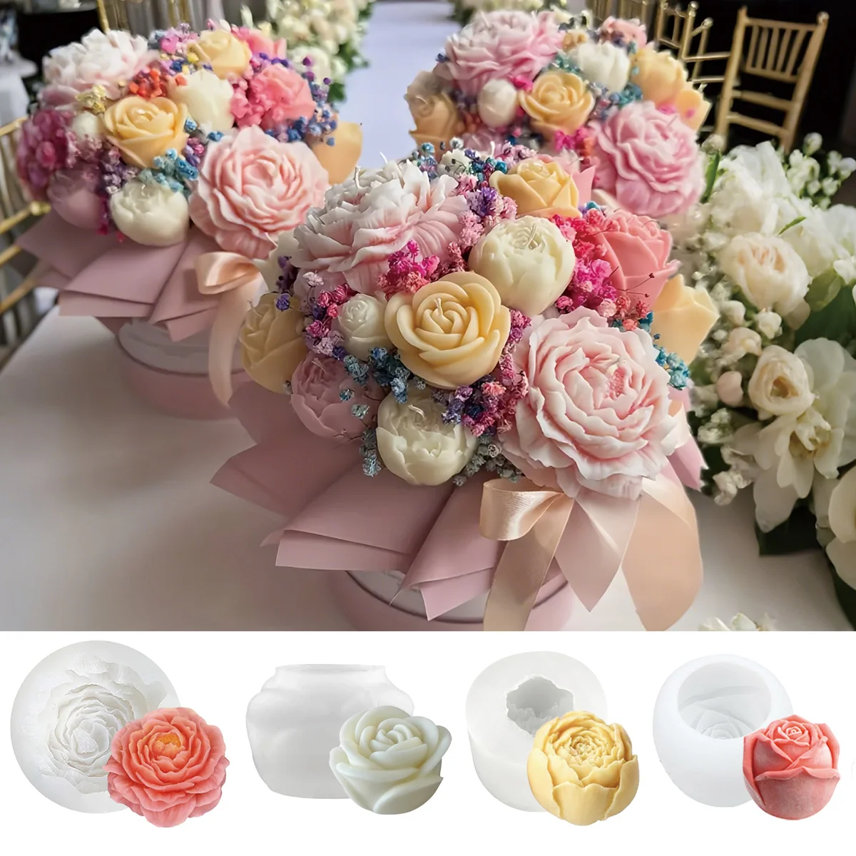4pcs Floral Mold Set - Peony, Rose, Flower Bud & Layered Blooms with Leafy Stems - Non-Stick Silicone Craft Molds for Candle