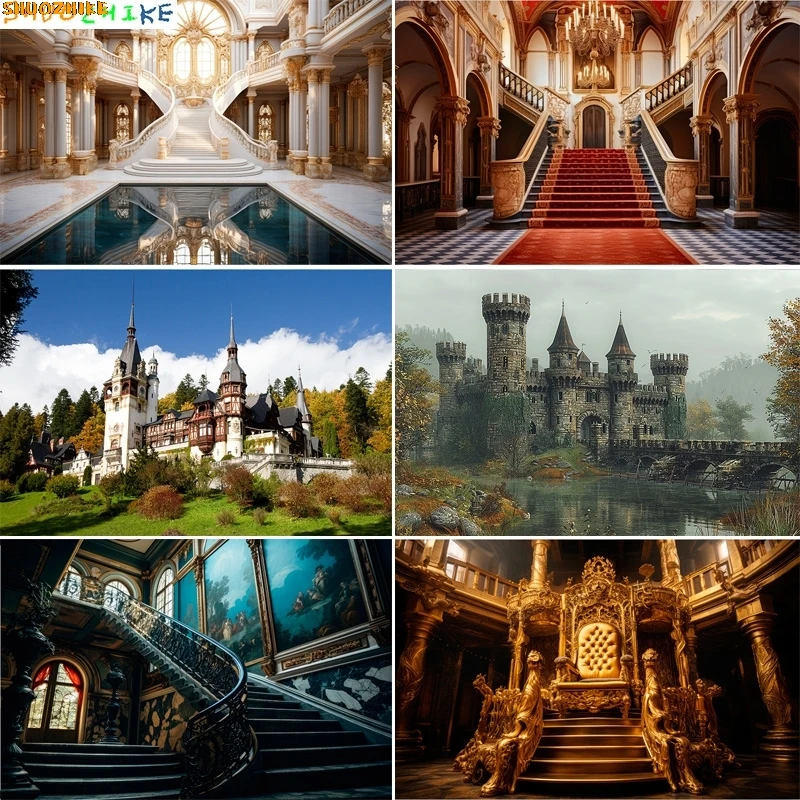 

Beautiful Castle Architecture Staircase Photography Backdrops Medieval Fantasy Hallway Bookshop Cathedral Photo Background CT-03