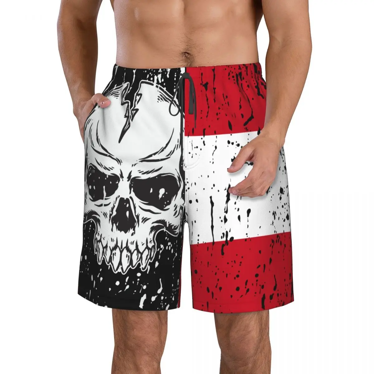 Austria Flag Vintage Skull Men's Novelty Swimtrunks Quick Dry 3D Printed Mesh Lining Beach Board Shorts with Pockets