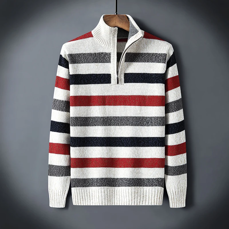 Half Zipper Turtle Neck Mens  Sweaters Knitted Male Sweaters Winter Turtleneck Pullovers Men Knitwear Casual Striped Zipper