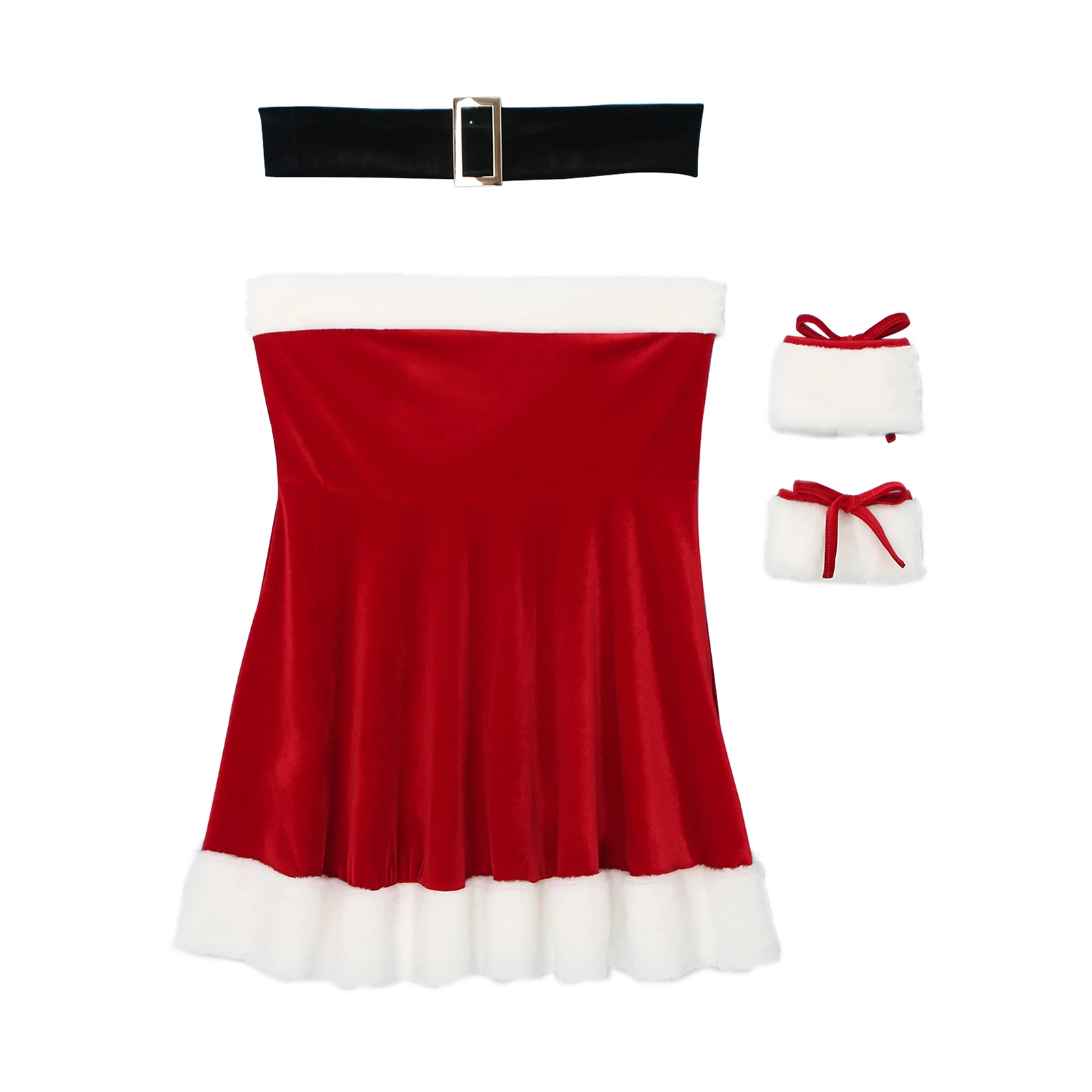 Womens Red Velvet Christmas Dress Xmas Party Santa Claus Cosplay Costume Hairy White Trim A-Line Dress with Belt+Wristband Cuffs