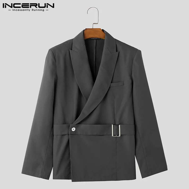 Fashion Well Fitting Tops INCERUN Handsome Men Deconstructive Metal Buckle Suit Coat Casual Streetwear Solid Long Sleeved Blazer