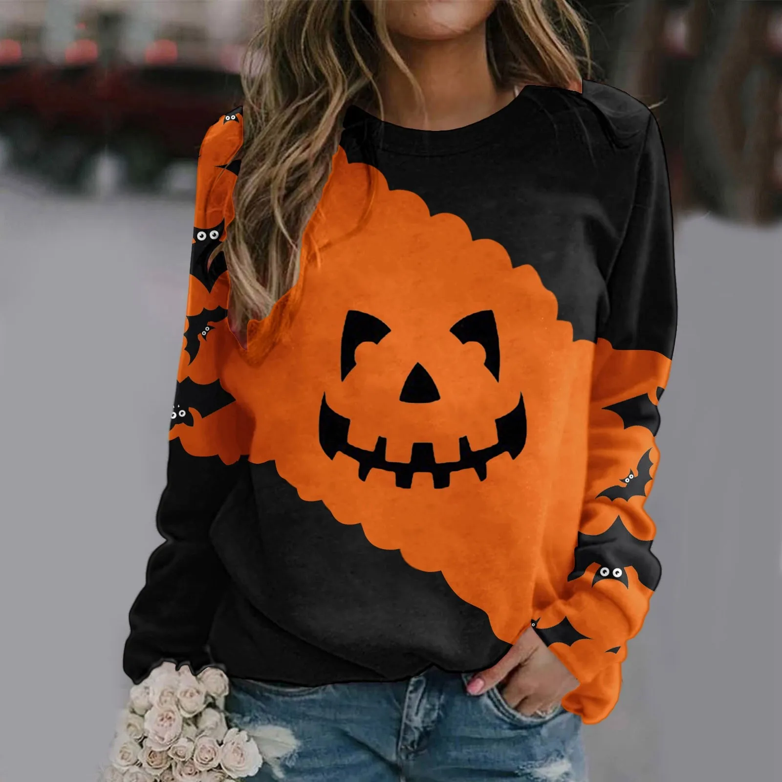 Women'S Halloween Trend Printed Fashion Hoodie Crew Neck Long Sleeve Casual Comfortable Jumper Personality All Match Sweatshirt