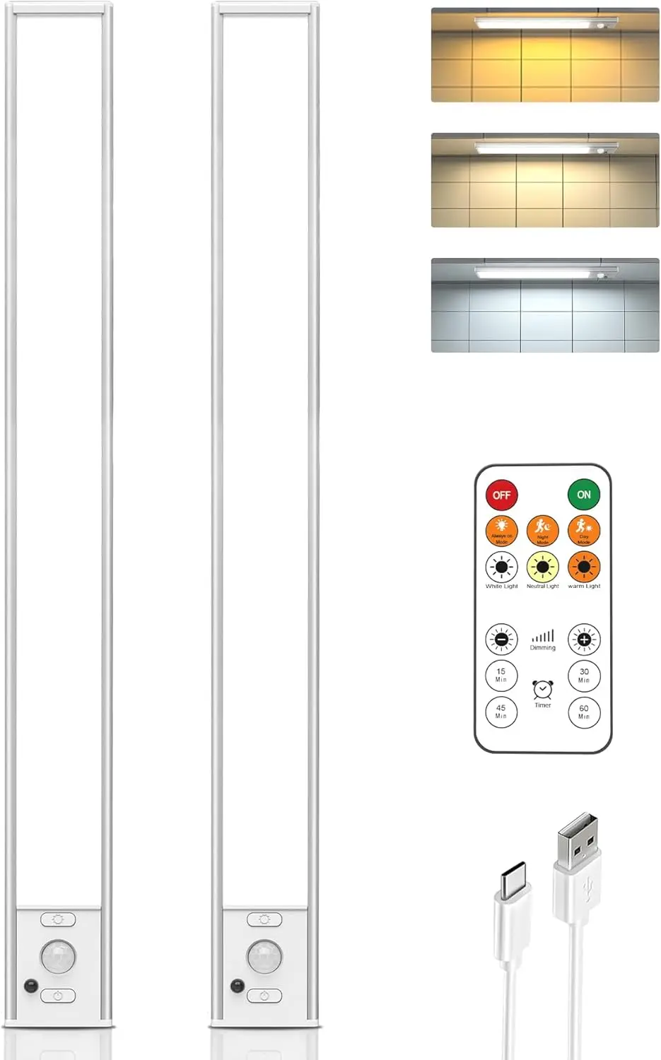 

16-дюймовый светодиодный светильник с датчиком движения для установки под шкаф, 4000 мАч, перезаряжаемый, 3 цветовые температуры, беспроводной, для кухни, кладовой, лестницы, 2 штуки в упаковке