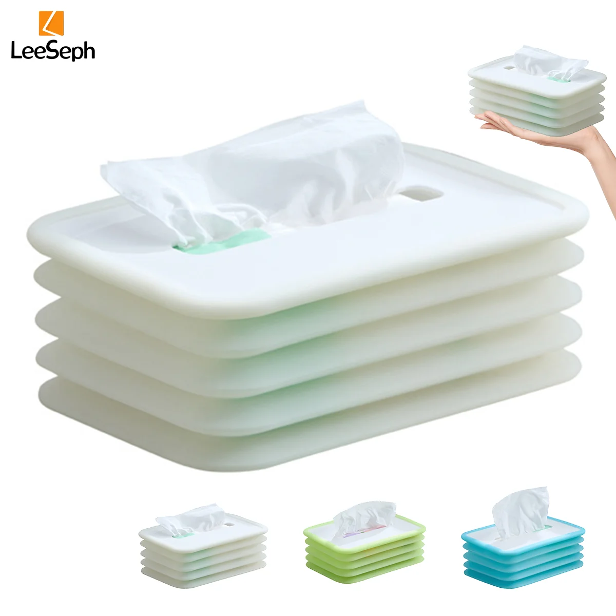 Leeseph Silicone Foldable Tissue Box Cover, Tissue Holder Dispenser for Facial Tissue, Tissue Holder for Home Office Countertops