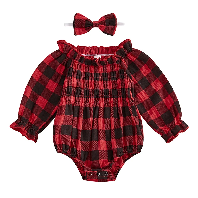 Newborn Girl Outfit Long Sleeve Off-shoulder Plaid Romper with Hairband Fall Clothes