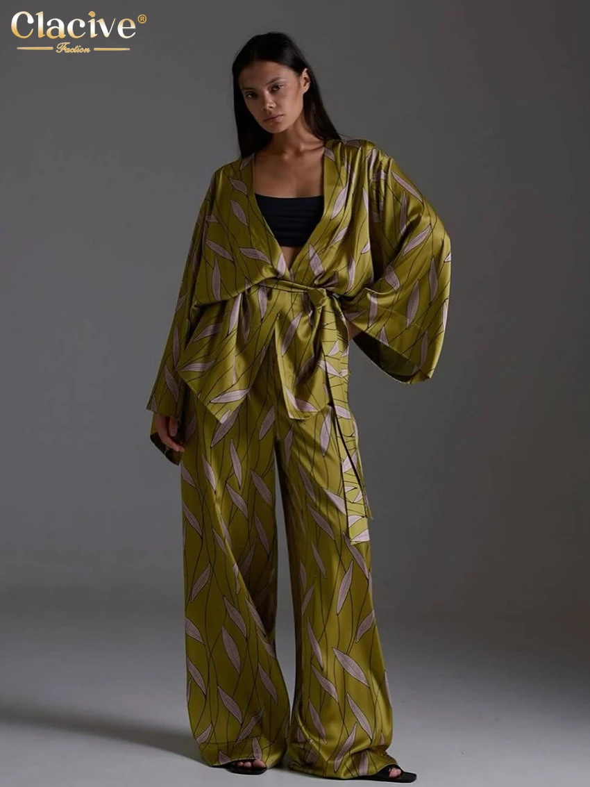 

Модный свободный комплект Clacive: зеленая рубашка с принтом и широкие брюки с высокой талией, женский, 2026