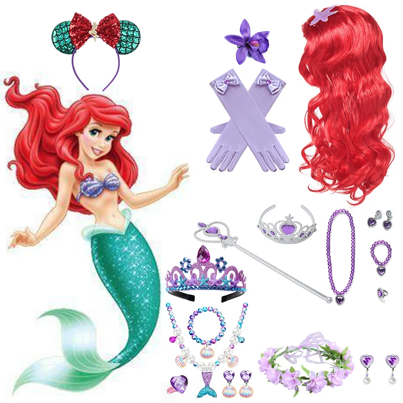 Disney Ariel Princess Accessories Gloves Wand Crown Jewelry Set Mermaid Wig Necklace Braid for Princess Clothes Cosplay Dress UP