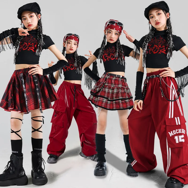 Girls K-pop Fashion Tassels Crop Top Tiered Skirts Kids Hip Hop Streetwear Costumes Children Jazz Girl Group Clothes Sets