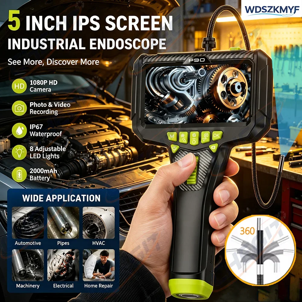 

5" Screen 6mm Endoscope Camera 360° Rotatable Probe IP67 Waterproof Flexible Borescope For Drain Pipe Car Maintenance With Gift