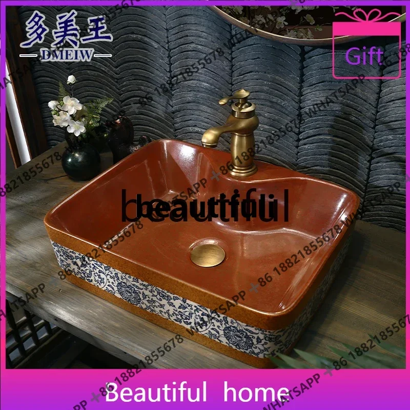 

Duomei Wang art stage basin retro blue and white porcelain rectangular ceramic stage wash basin