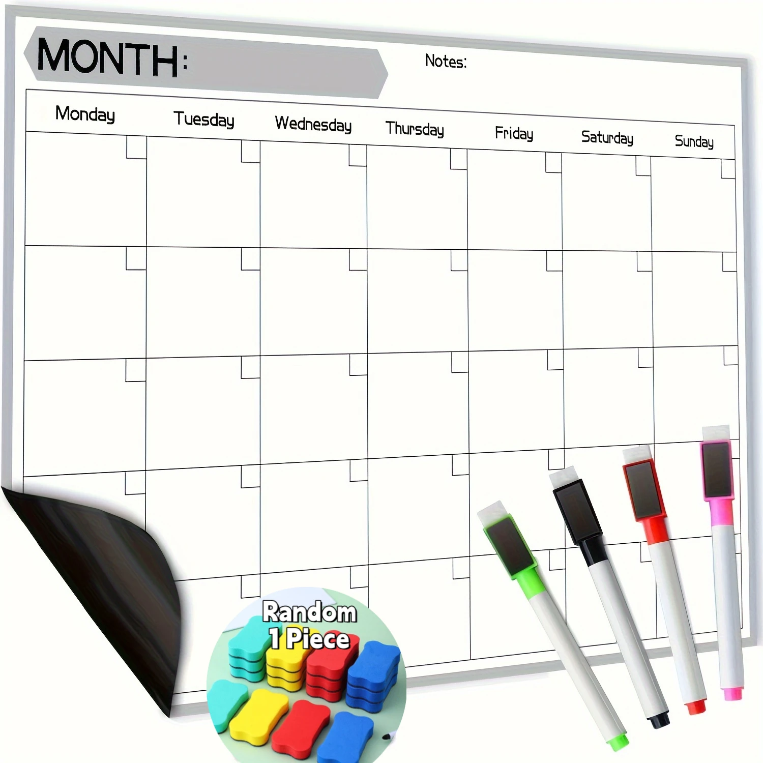 Material Magnetic Refrigerator Calendar - Dry Erase Monthly Planner - 17x12 Rectangle Whiteboard Fridge with 4 Markers and Erase