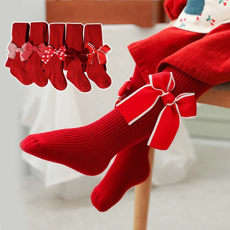 Kids Bow Christmas Tights Soft Cotton Baby Girls Red Pantyhose Leggings Children Infant New Year Gifts Tights For 0-6Years