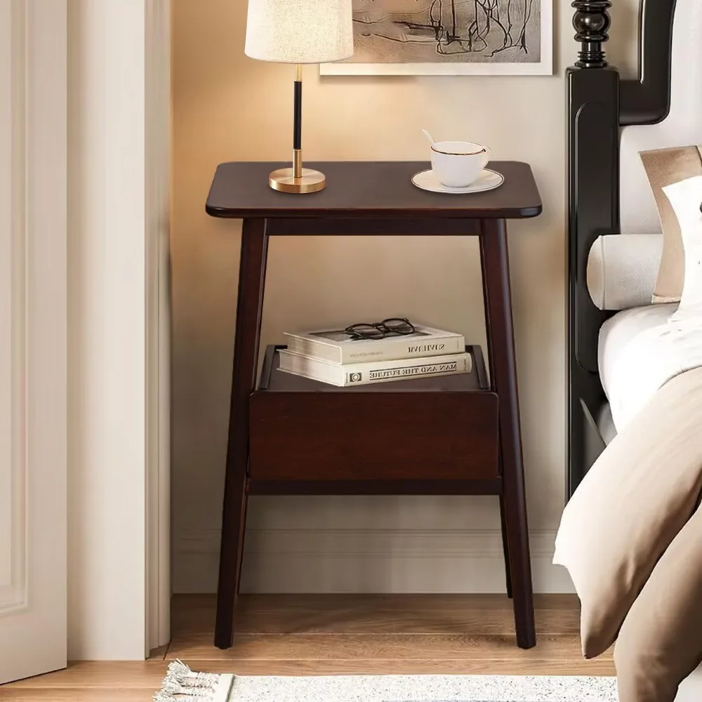 

mid-century modern nightstand with drawer, open shelf bedside table, large storage end table, bamboo design