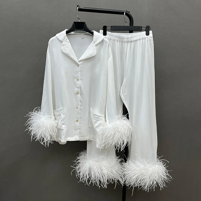 Women Big Feather Pajamas Sets 2024 Spring Summer Lady Natural Ostrich Feather Suit S5385