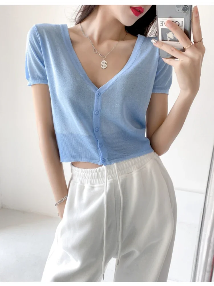 Casual Knitted Crop Short Sleeves Cardigan Knitwears  Women Sweater Korean Fashion Jacket Ice Silk Female Blouse Slim Fit Tops