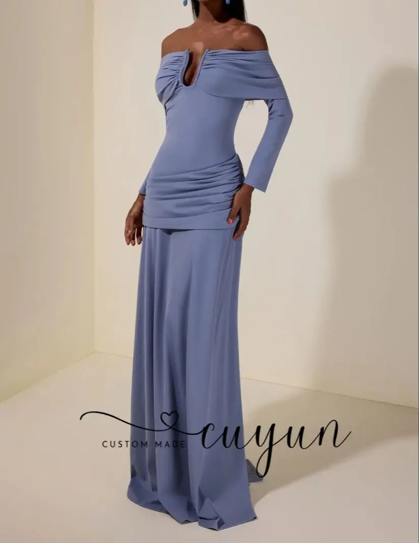 CUYUN Aangepaste Boothals Formele Avondjurken 3/4 Mouwen Geplooide Formele Etentje Jurk Bruiloft Gast Jurken 2026 Nieuwe