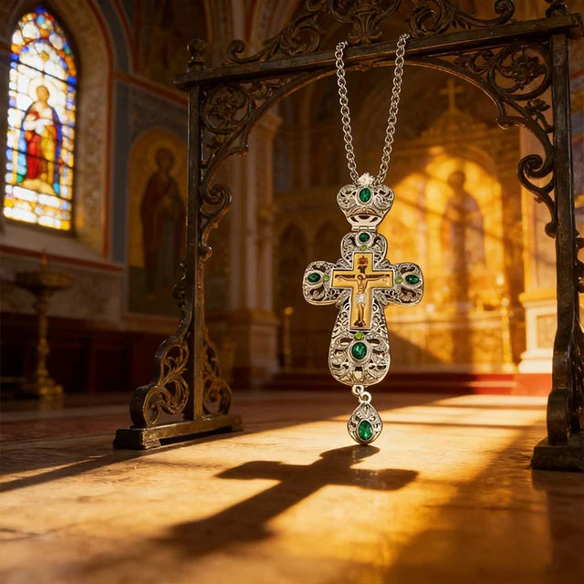 Colgante de Cruz Cristiana Ortodoxa Tradicional con Detalles de Piedras Preciosas Verdes y Diseño Intrincado de Filigrana para Devotos Seguidores