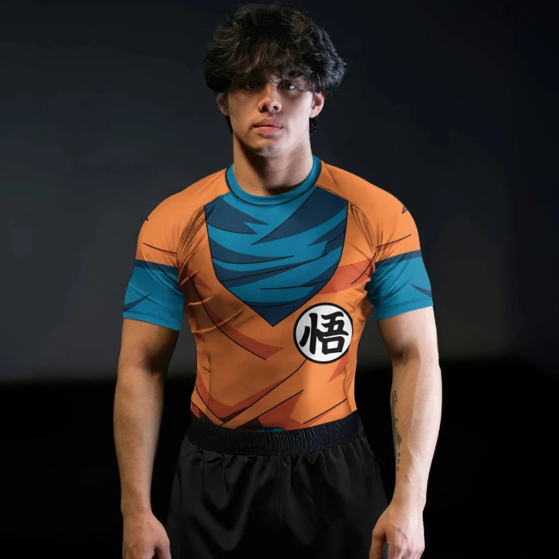 Camiseta de Compresión Dragon Ball Goku 2026, Nueva, Naranja y Azul con Estampado Kanji, Secado Rápido, Manga Corta, para Entrenamiento en Gimnasio y MMA
