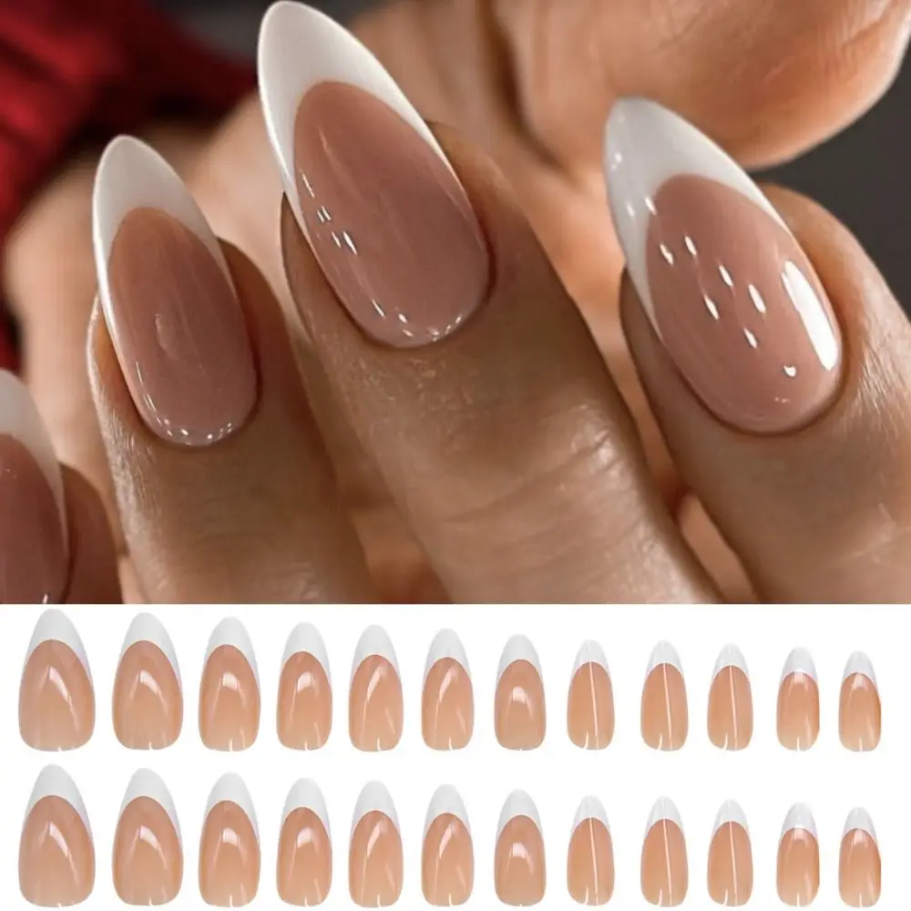 24pcs Simple Almond False Nails White Border Press on Nails Fake Nail Tips DIY Full Cover Detachable Faux Fingernails Manicure