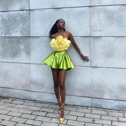 Hot Girl Prom Dress 2 Pieces Short Dresses Flower Top Crop Handmade Party Gowns Off Shoulder Green Shorts Above Knee Length