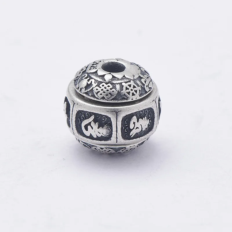 100% 925 Silver Tibetan OM Mani Beads Sterling Buddhist Auspicious Symbols  Loose Beads DIY Bracelet Findings