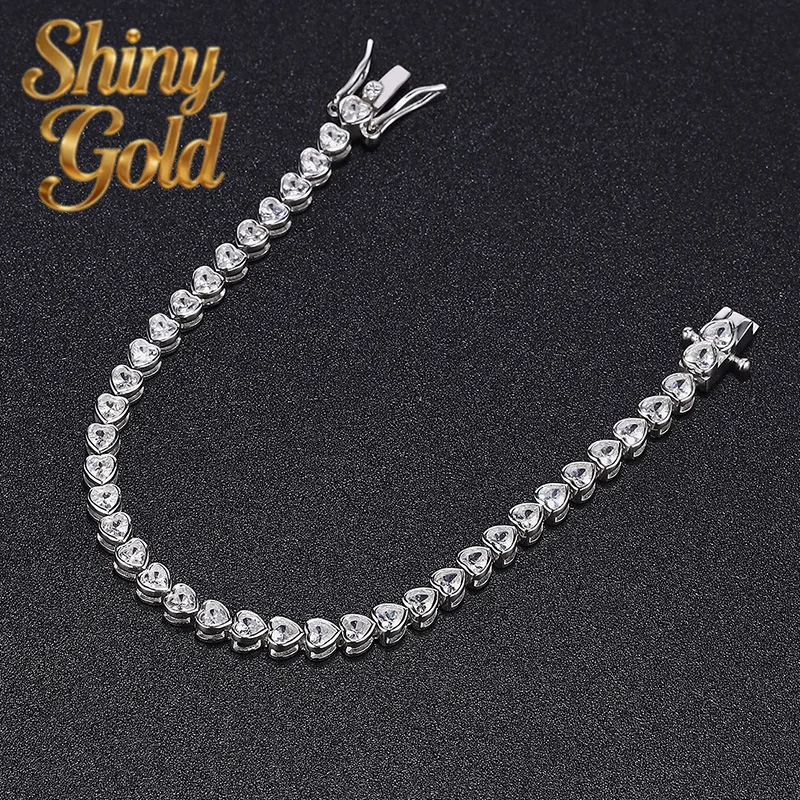 

ShinyGold Luxury Solid Platinum PT950 Women's 3mm Heart Bracelet Moissanite Diamond Tennis Chain