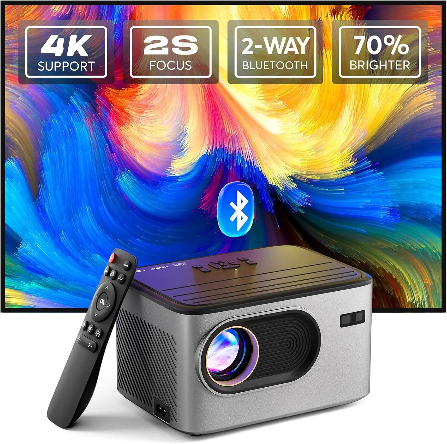 

Native 1080P Projector, 2s Focus with Remote, Bluetooth 5.2 Portable Mini Projector for Home Theater Outdoor Movie, Compatible