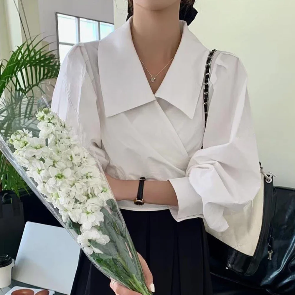 

Autumn Season Waist Cross-over Shirt Casual Female Shirt L M Lapel Neckline Short Style Slightly Elastic Solid Color Pattern