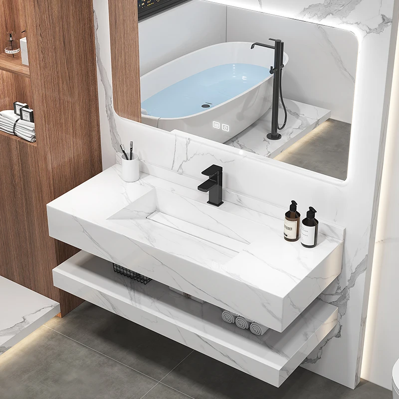 

Modern Double Floating Marbled Solid Surface Sink Hotel Bathroom Rectangular Integrated Wash Basin