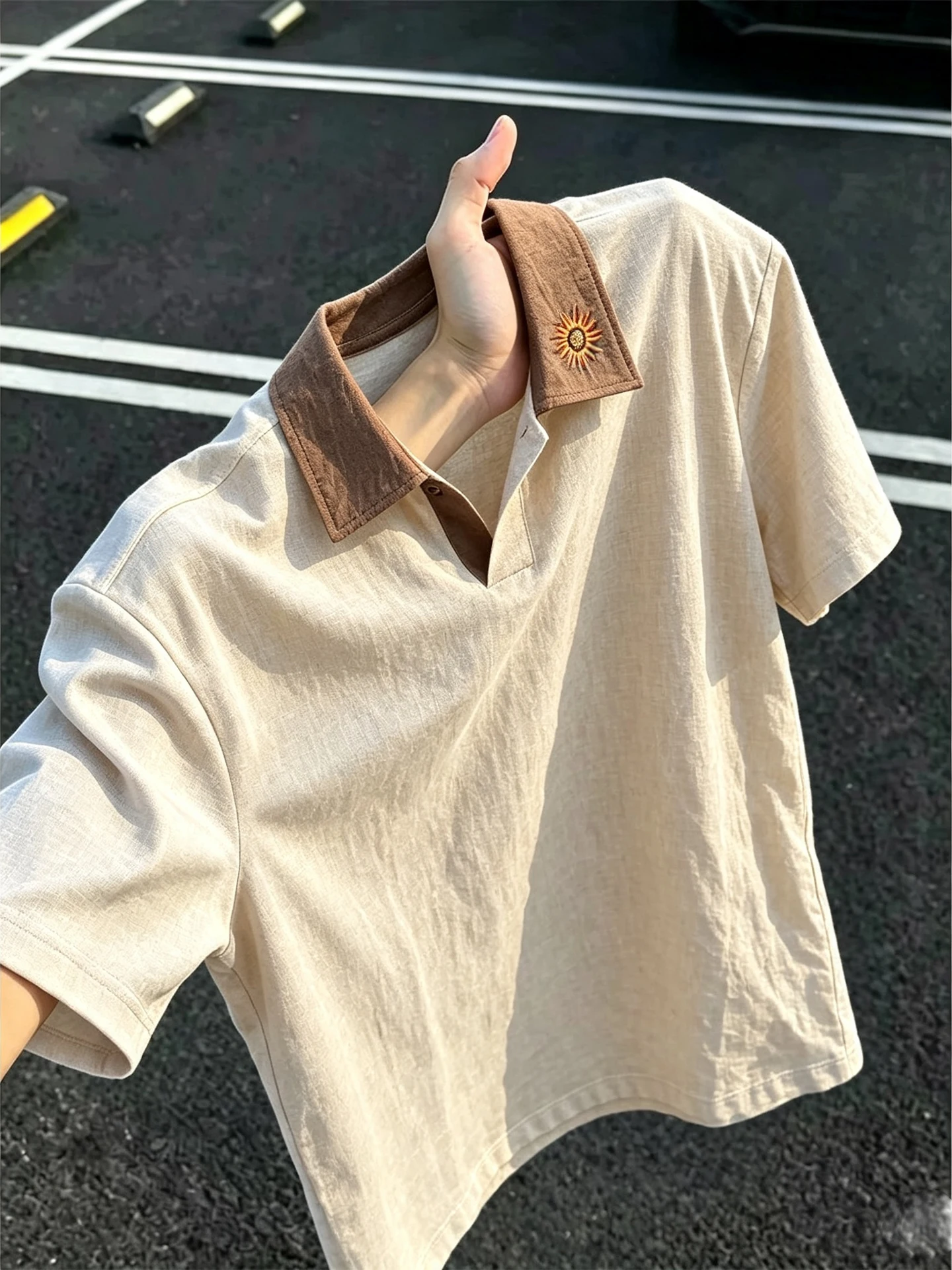 Young Men's Summer Thin Short-Sleeve Embroidered Linen-Like  Shirt Regular Fit Casual Fashion Shoulder-Length T-Shirt