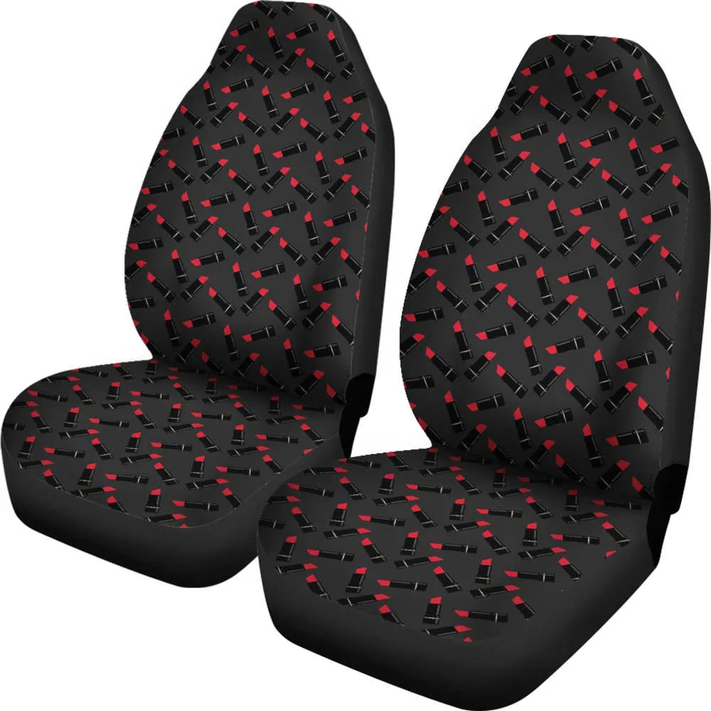 Dark Charcoal Gray Car Seat Covers With Lipstick Tubes Pattern Makeup ,Pack of 2 Universal Front Seat Protective Cover