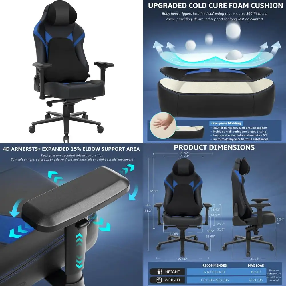 

Ergonomic High-Back Gaming and Office Chair with 4D Adjustable Armrests, Headrest, Lumbar Support, and Tilt-Rocker Recline Funct