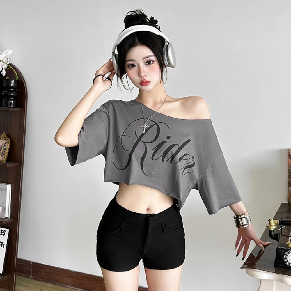 SylCue Letter Print Oversized T-shirt Women Skew Collar Short Sleeves Off Shoulders Irregular Hem Hip-hop Style Trend Crop Tops image 4