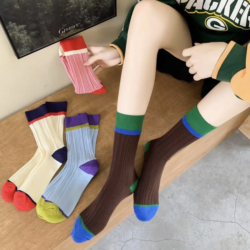 Fashionable Colorblocking Middle Tube Socks Girls Color Contrast Crew Sock Ins Popular Women's Socks Trendy Long Socks Woman