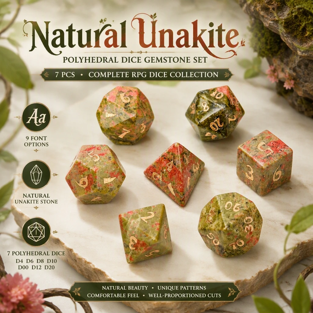 Spot Goods Natural Unakite Polyhedral DND Stone Dice Ornaments Jewelry Accept Custom Font Symbol Pattern Logo
