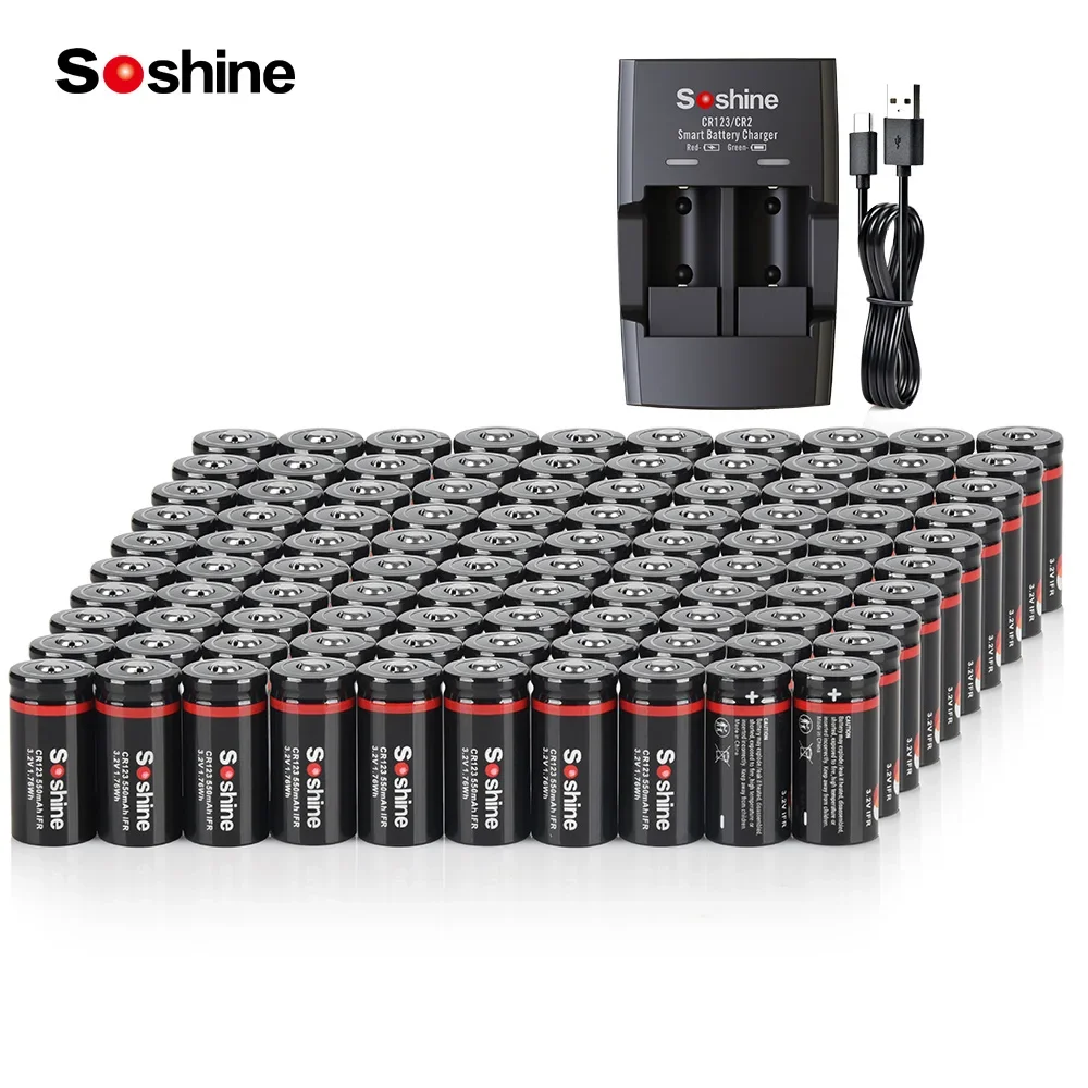 Soshine 100pcs 3.2V 16340 Rechargeable Battery CR123 LiFePO4 550mAh Battery and Smart LiFePO4 Charger 2000 Time Discharge Cycle