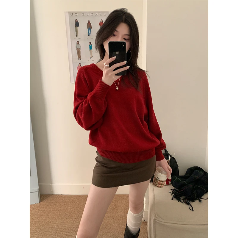 

Sweetknit Cisas New Year's Red Knitted Sweater round Ne Pullover Y3644 White Enhancing Festive Wear Women's Knitwear