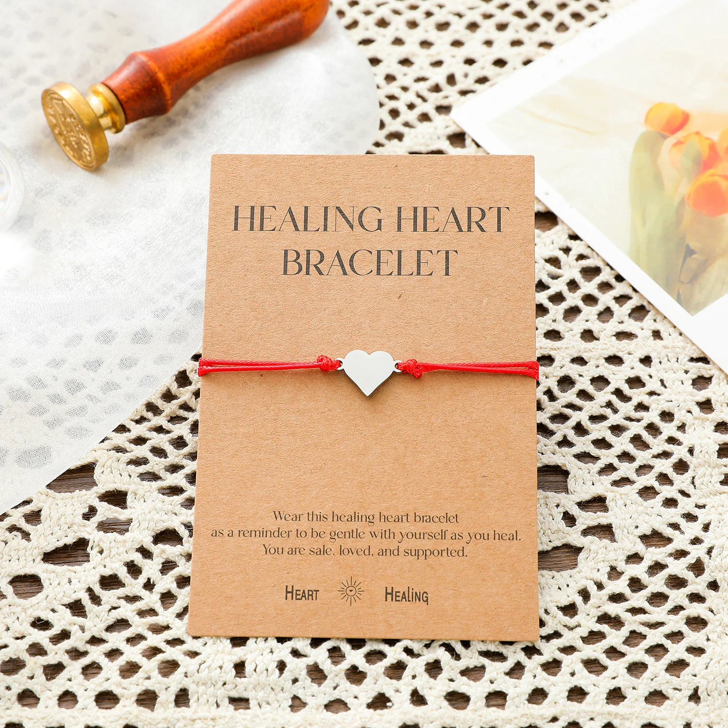 New Stainless Steel Healing Heart Card Bracelet Red Heart Wax Thread Weaving Jewelry Gift Hot Sale