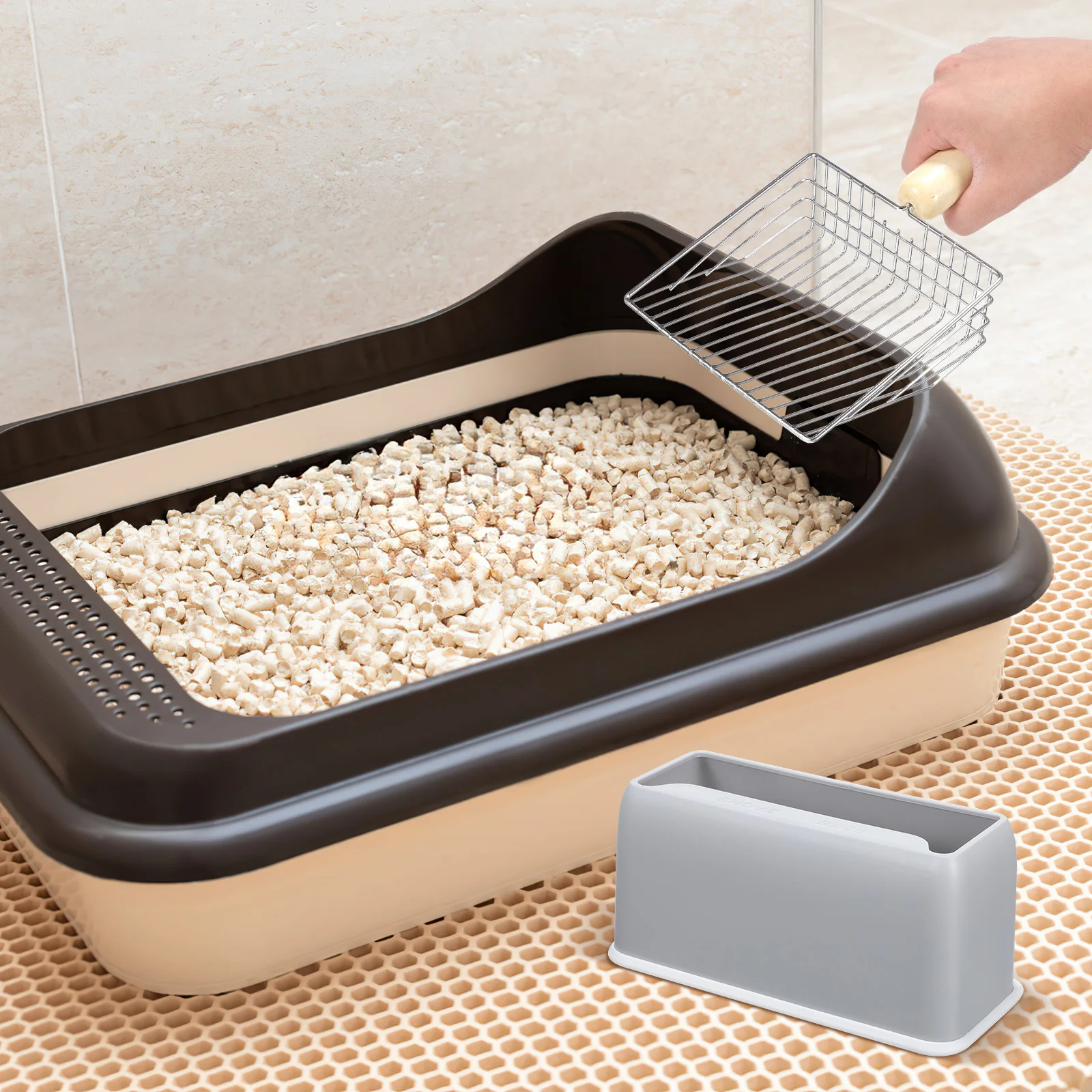

1Set Large Cat Litter Scoop Metal Mesh Sifter with Storage Base Wood Handle for Efficient Waste Removal Pet Clean Tool