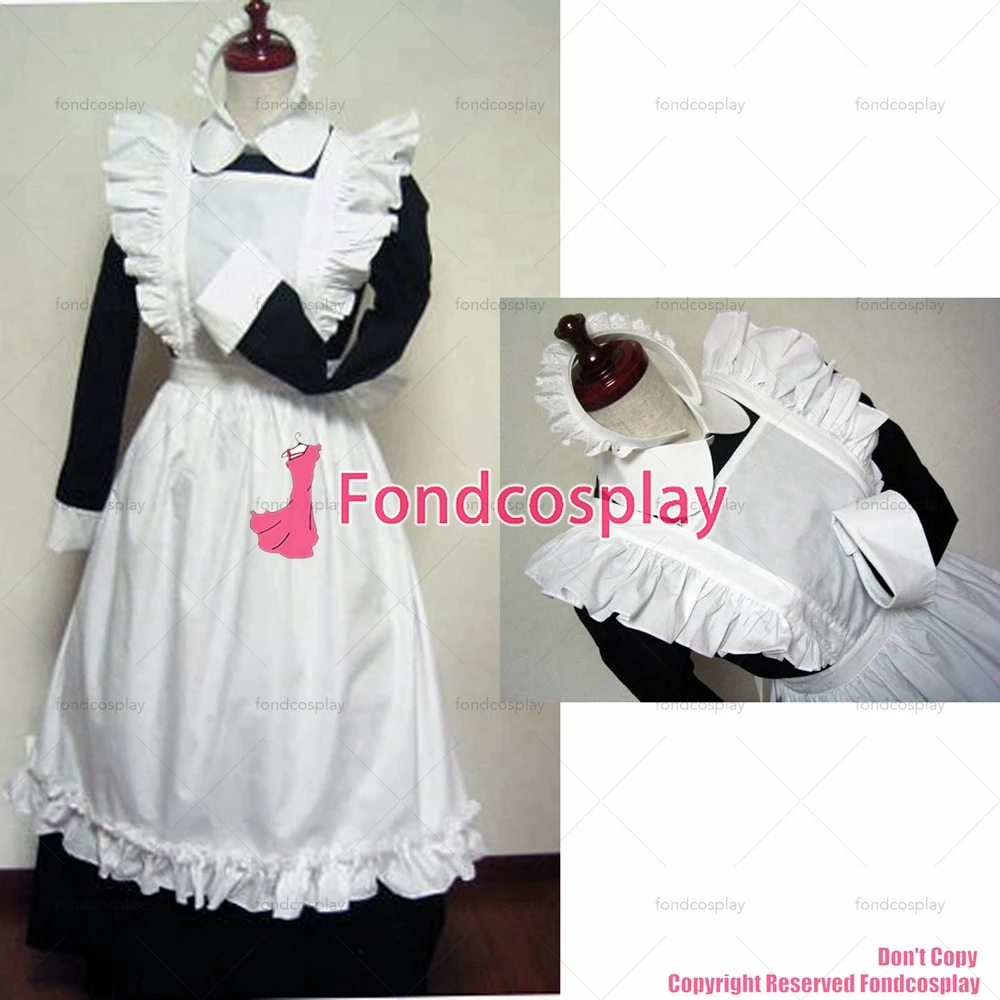 

fondcosplay adult sexy cross dressing sissy maid long black Cotton Dress white apron Uniform Peter Pan collar CD/TV[CK814]