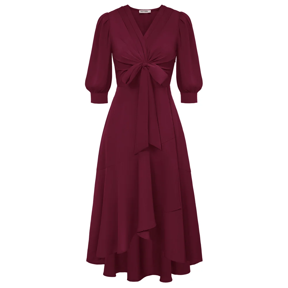 

GK Dress Women Elegant Wrap Hem Dress Korean Fashion 3/4 Sleeve V-Neck Bow-Knot Decorated Cocktail Midi Dress