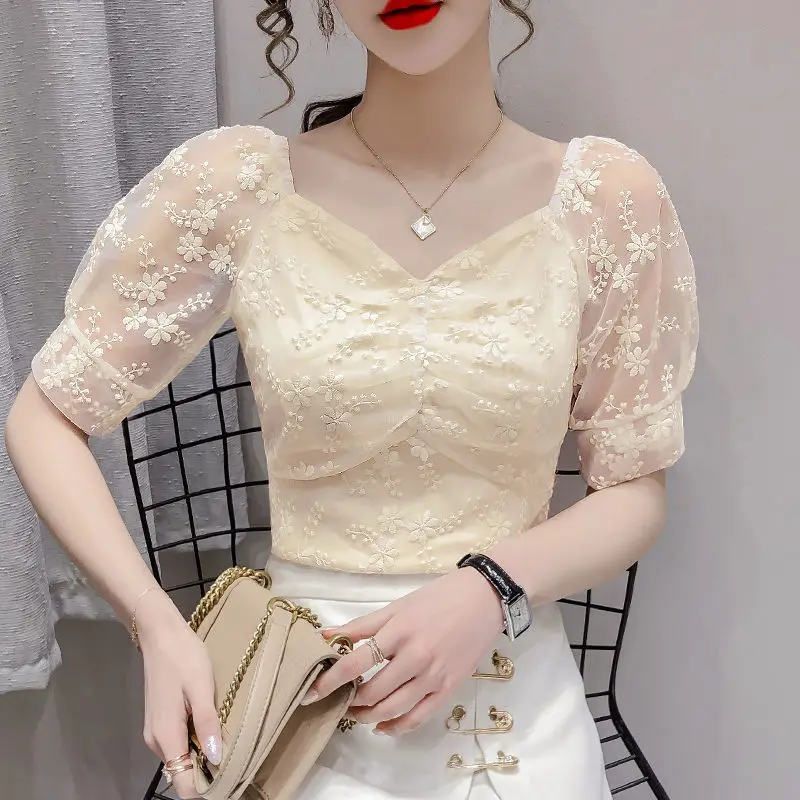 Women\'s Clothing Korean Fashion Mesh Lace Embroidery Chic Elegant Blouse Summer V Neck Short Sleeve Shirt Slim Solid Tops Blusas